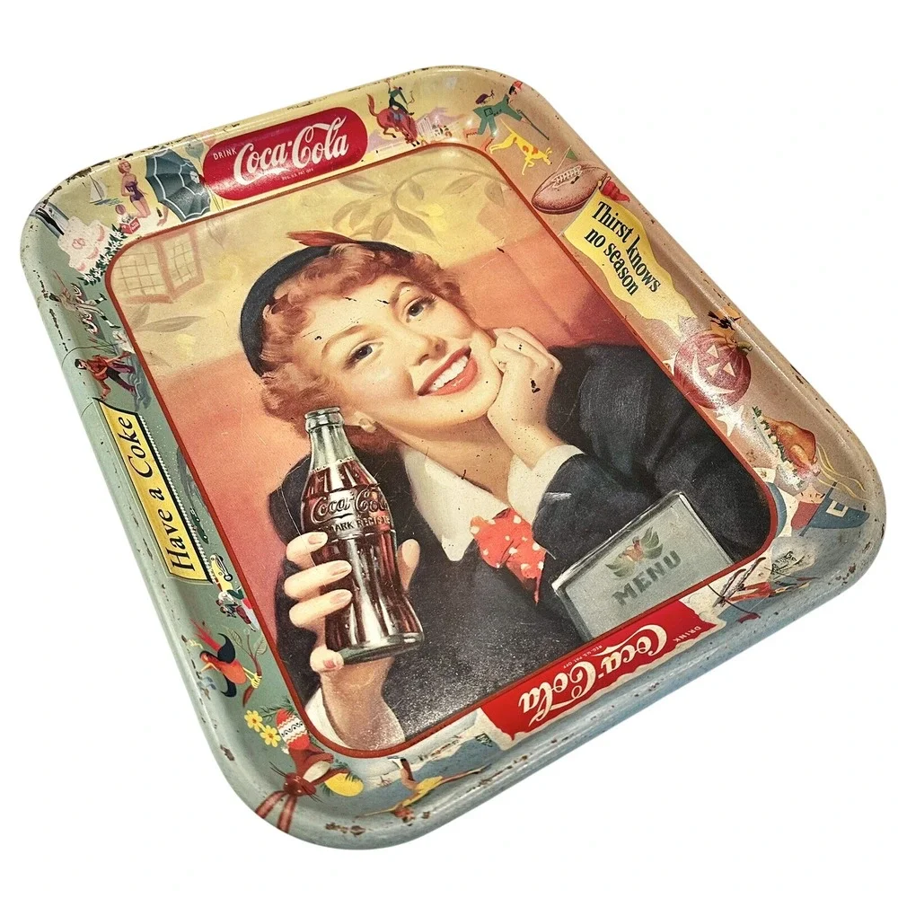 Vintage 1953 Coca Cola Menu Girl Serving Tray Thirst Knows No Season Have A Coke